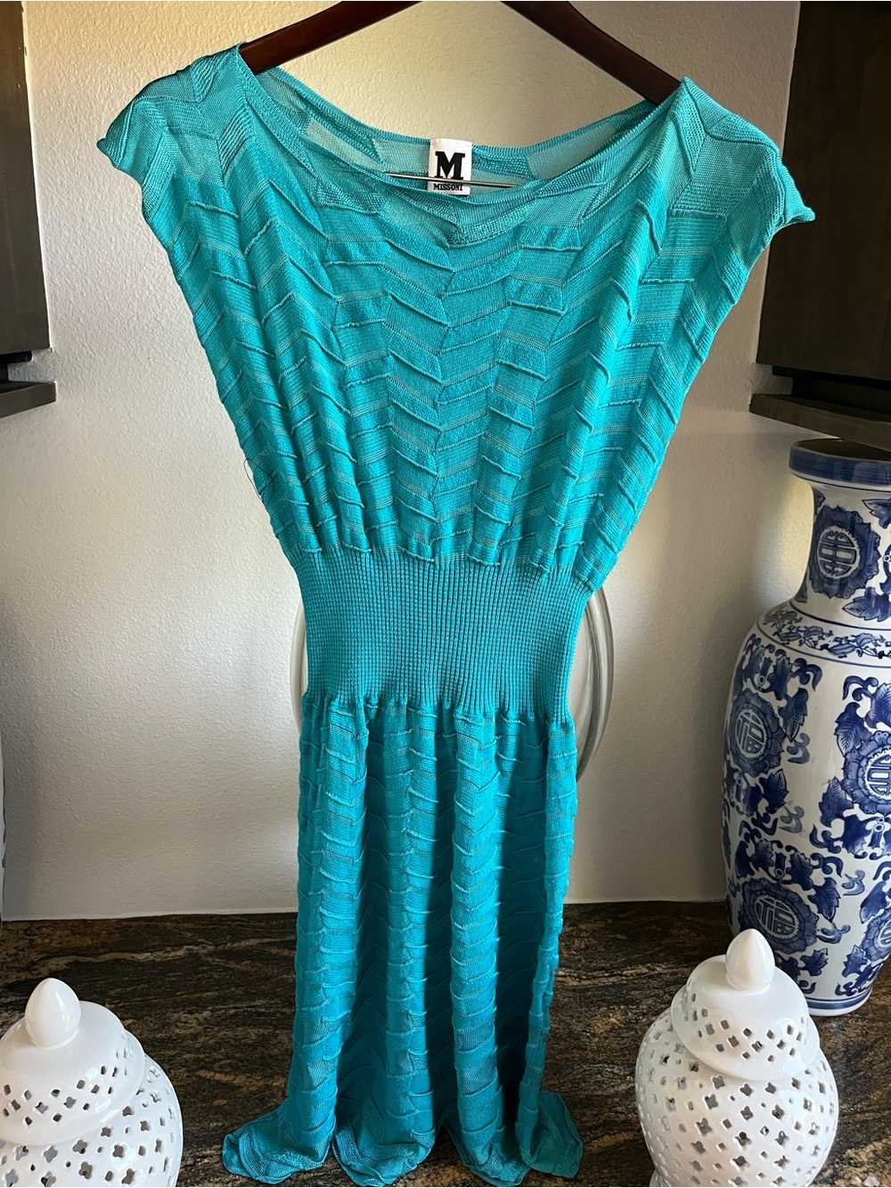 M by Missoni Teal Knit Maxi Dress with Smocked Waist, size 42